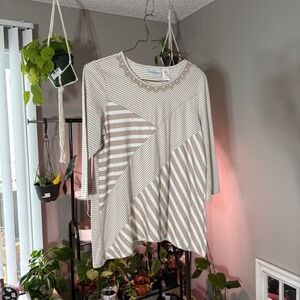 Alfred Dunner Striped Top Crochet Neckline Casual Tunic Blouse Size M